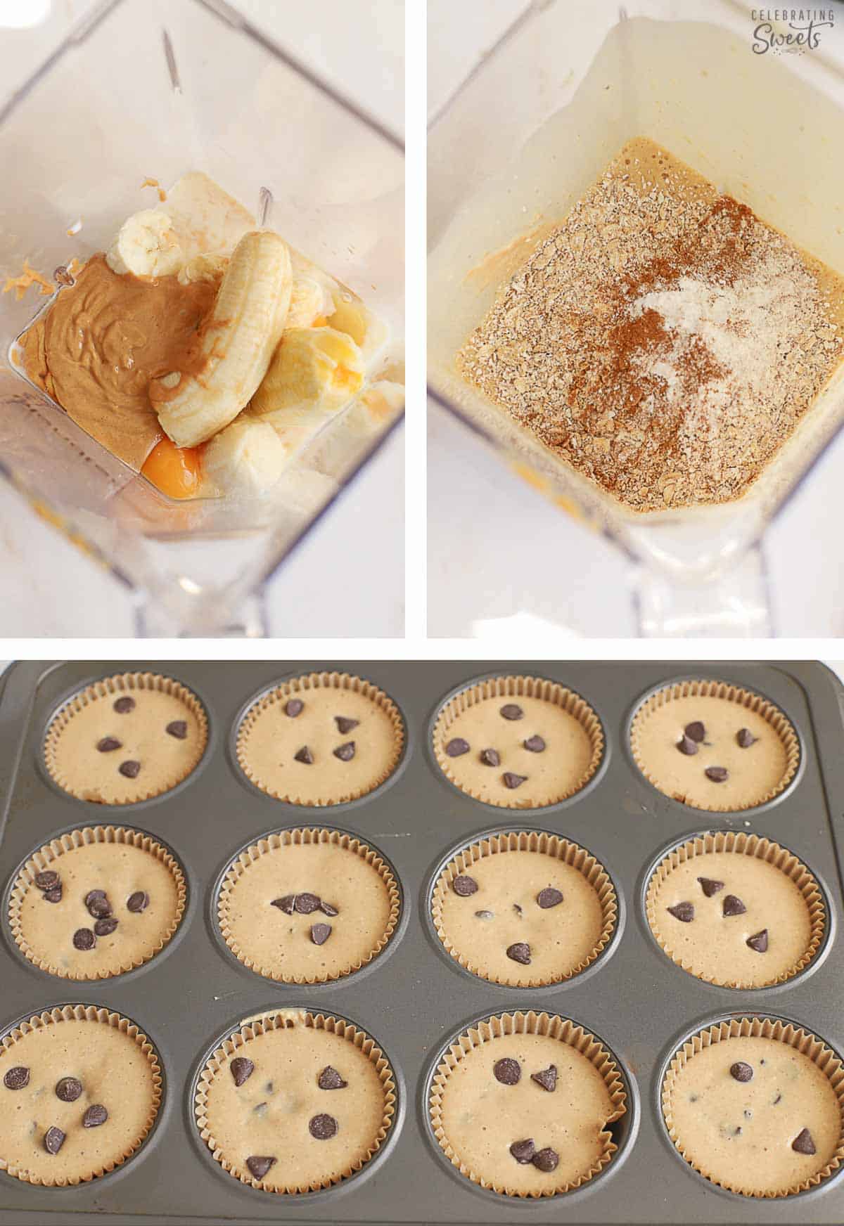 Collage of how to make banana oatmeal muffins (batter in a blender and in a muffin pan with chocolate chips).
