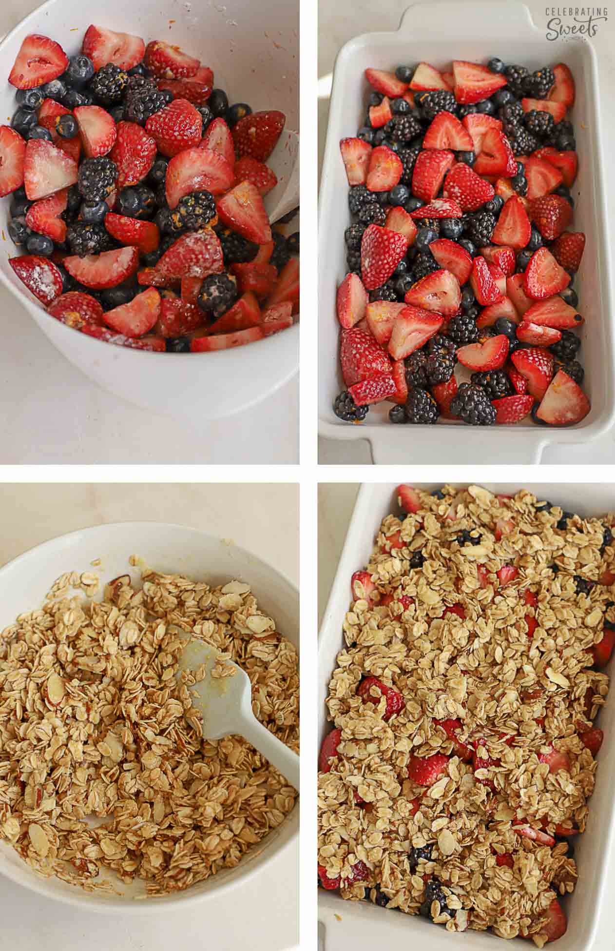 Collage of how to make a berry crisp (berries in a white baking dish and oat topping in a white bowl).