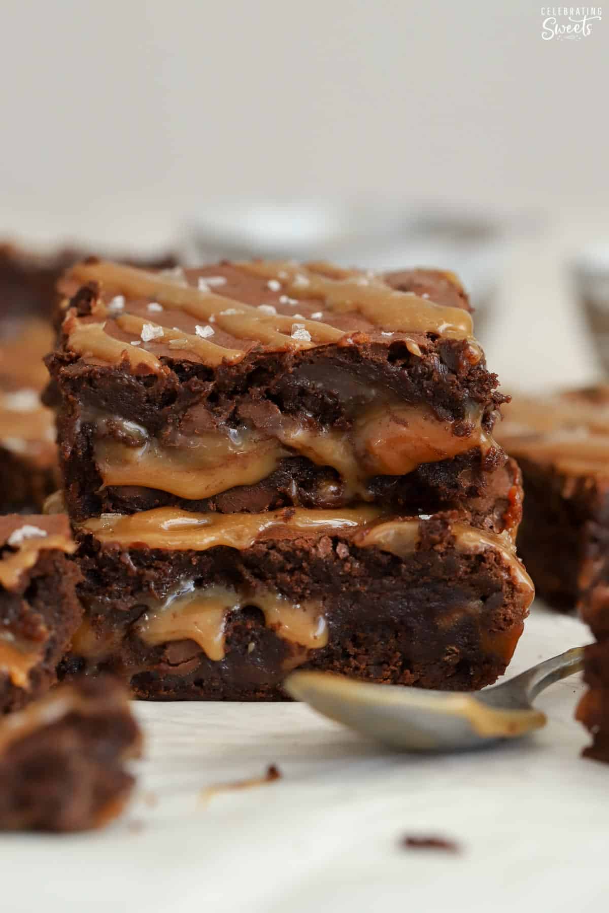 Stack of two caramel brownies.