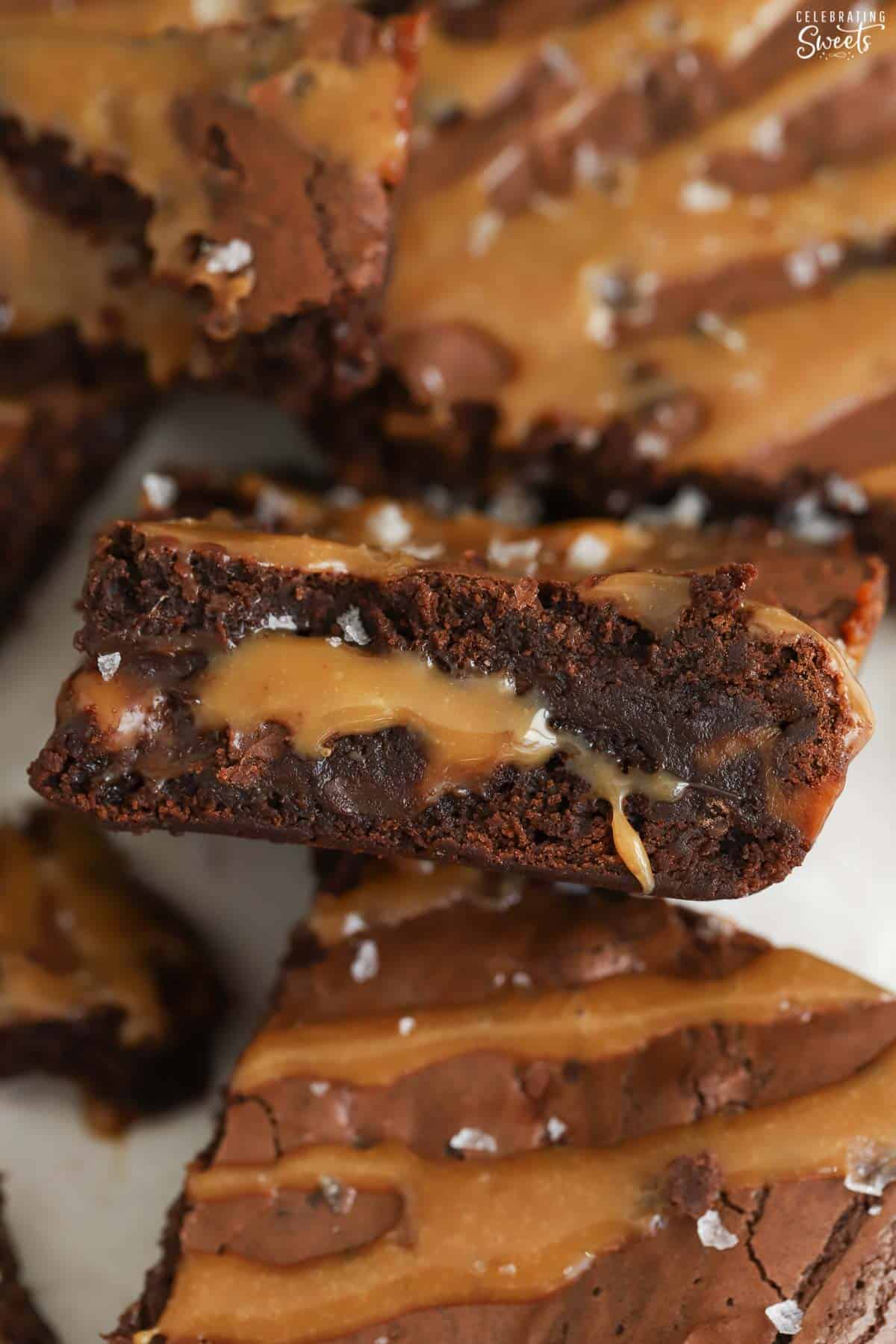 Closeup of a caramel brownie.
