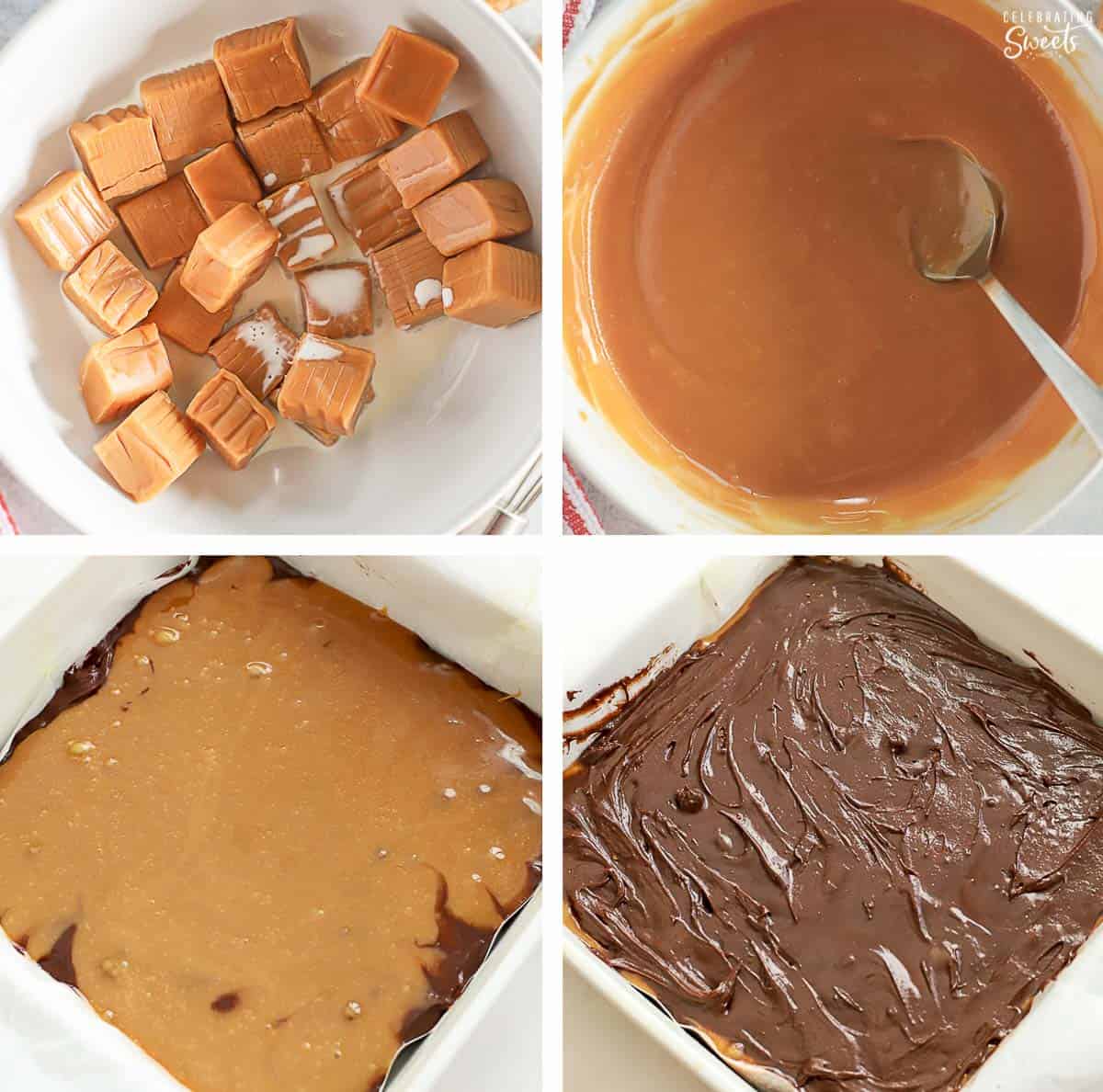 Collage making caramel brownies: caramel in a bowl, batter in a pan.