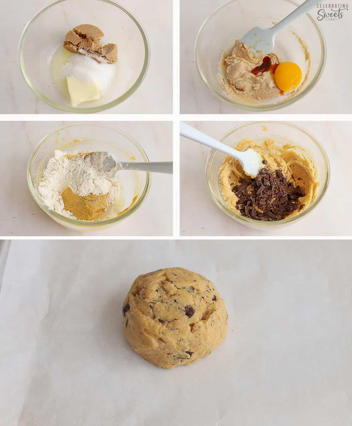Collage of how to make a single serve chocolate chip cookie (dough in a glass bowl and on a baking sheet).