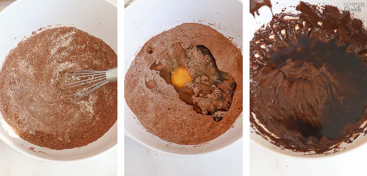 Step by step how to make small batch chocolate cupcakes (chocolate cake batter in a white bowl).