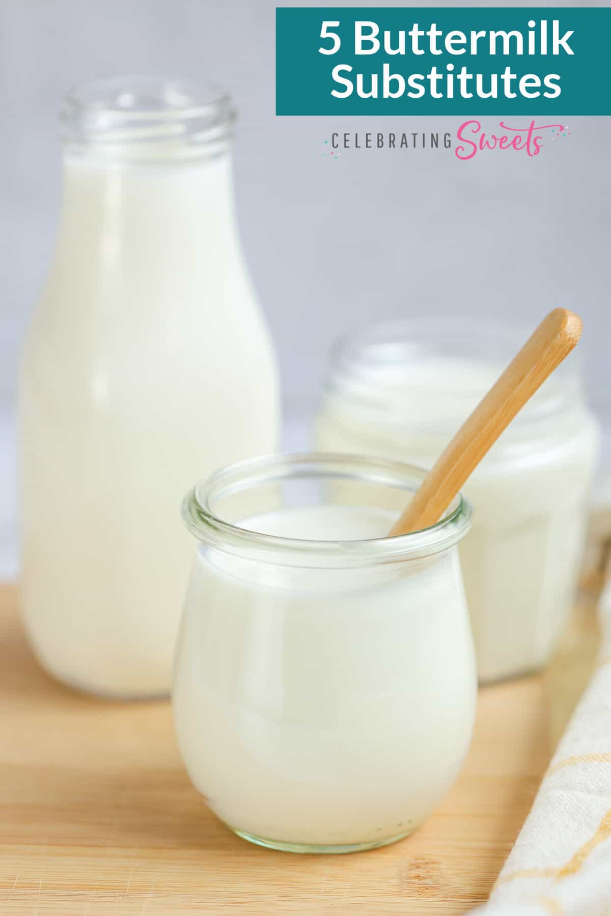 Three jars of buttermilk with text overlay that reads 5 buttermilk substitute