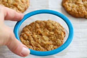 Carrot cake cookie with a blue cookie cutter around it.