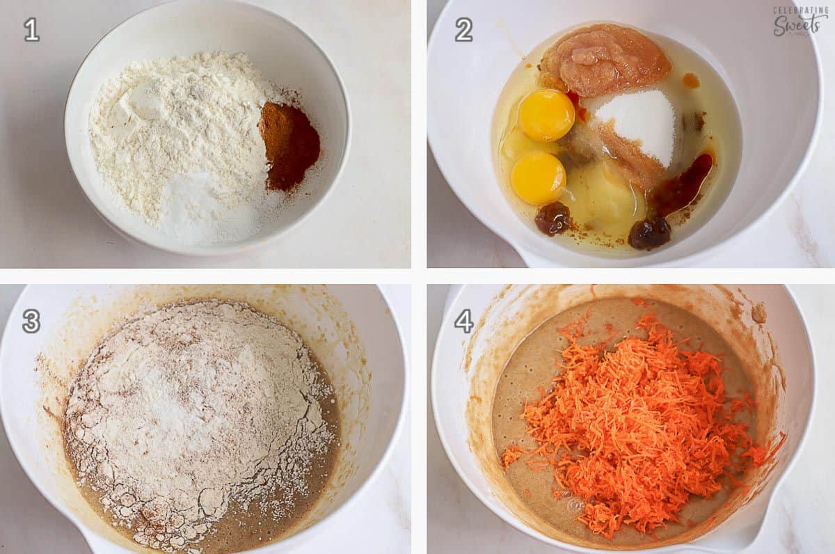 Collage of how to make carrot cake cupcakes (cake batter in a white bowl).