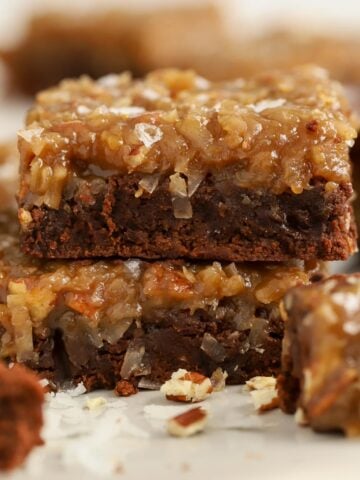 Stack of two german chocolate brownies.