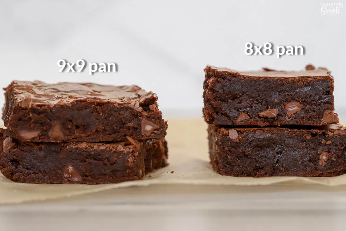 Two stacks of two homemade brownies side by side.