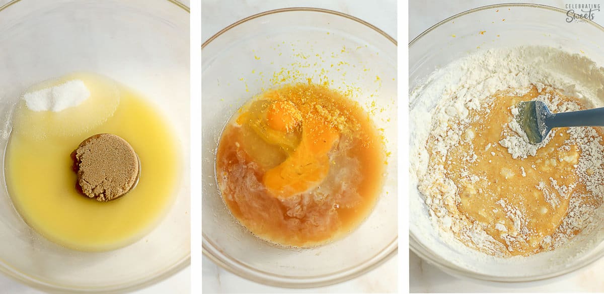Collage of photos showing the batter in a glass bowl for raspberry lemon bars.