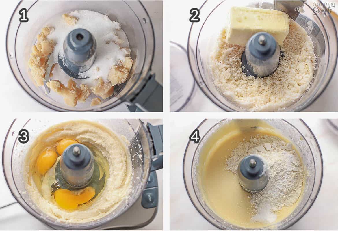Collage of how to make an almond cake (four stages of cake batter in a food processor).