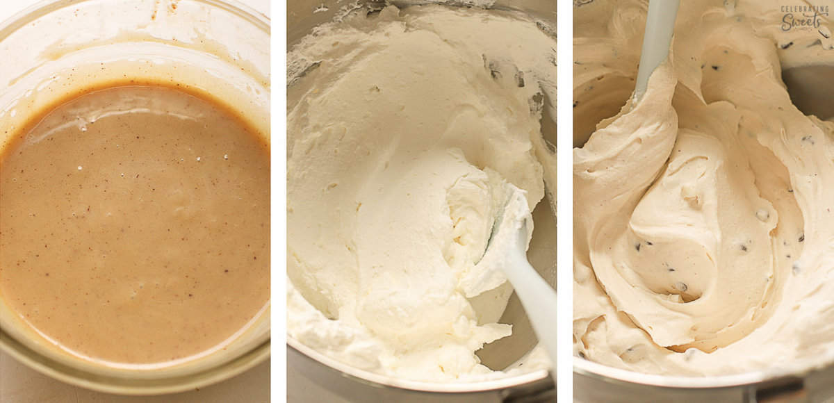 Collage of three photos showing how to make cookie dough ice cream base.