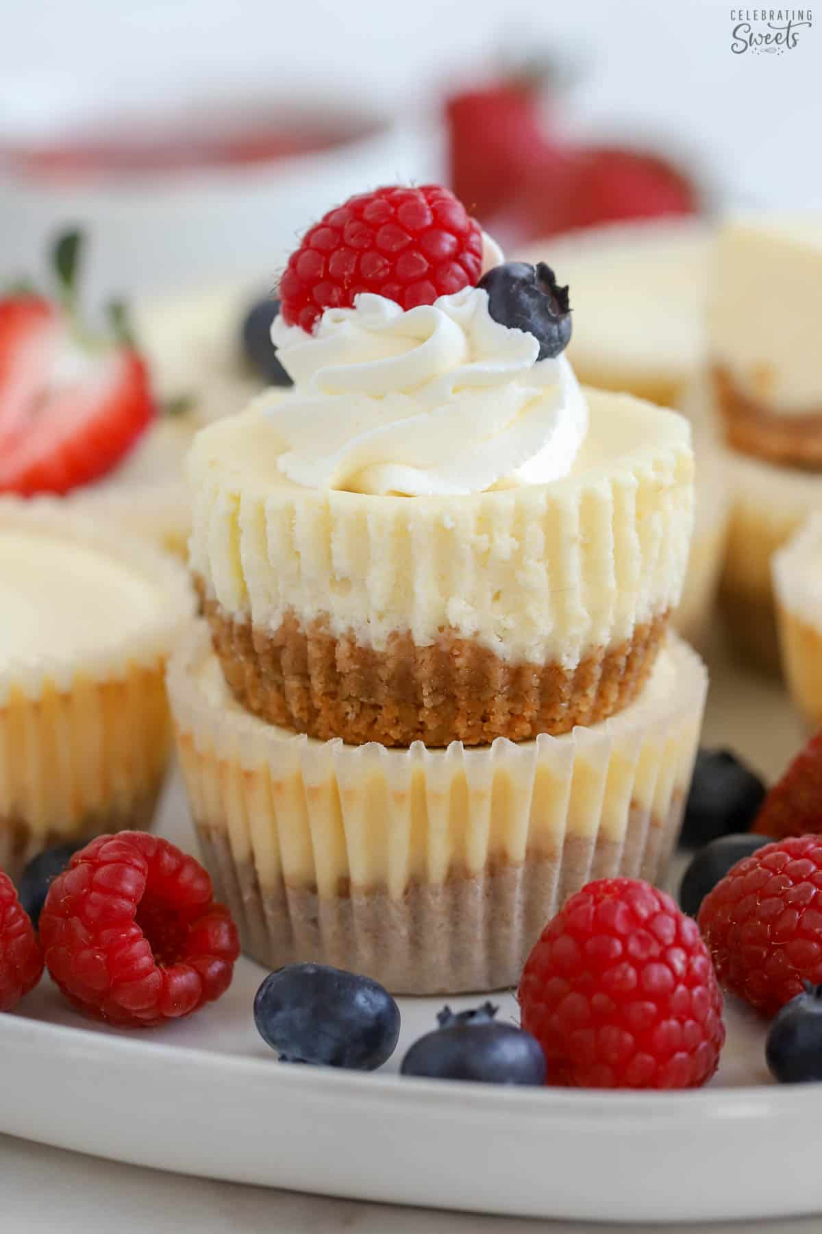 Two mini cheesecakes stacked on top of each other with whipped cream and berries.