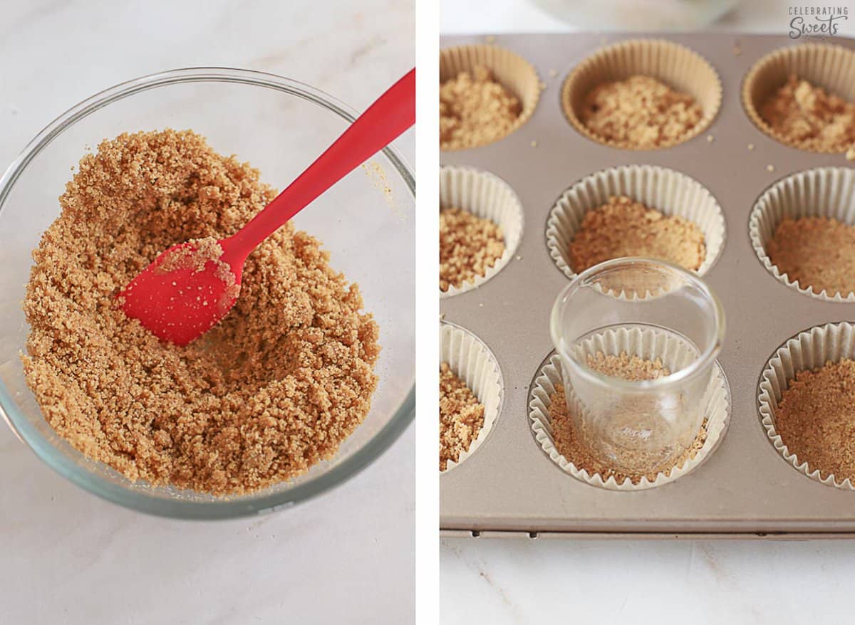 Graham cracker crust in a glass bowl and in a muffin pan.