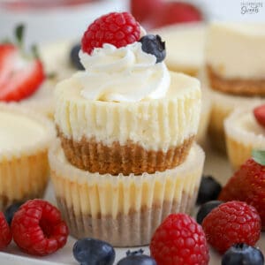 Two mini cheesecakes stacked on top of each other topped with berries and whipped cream.