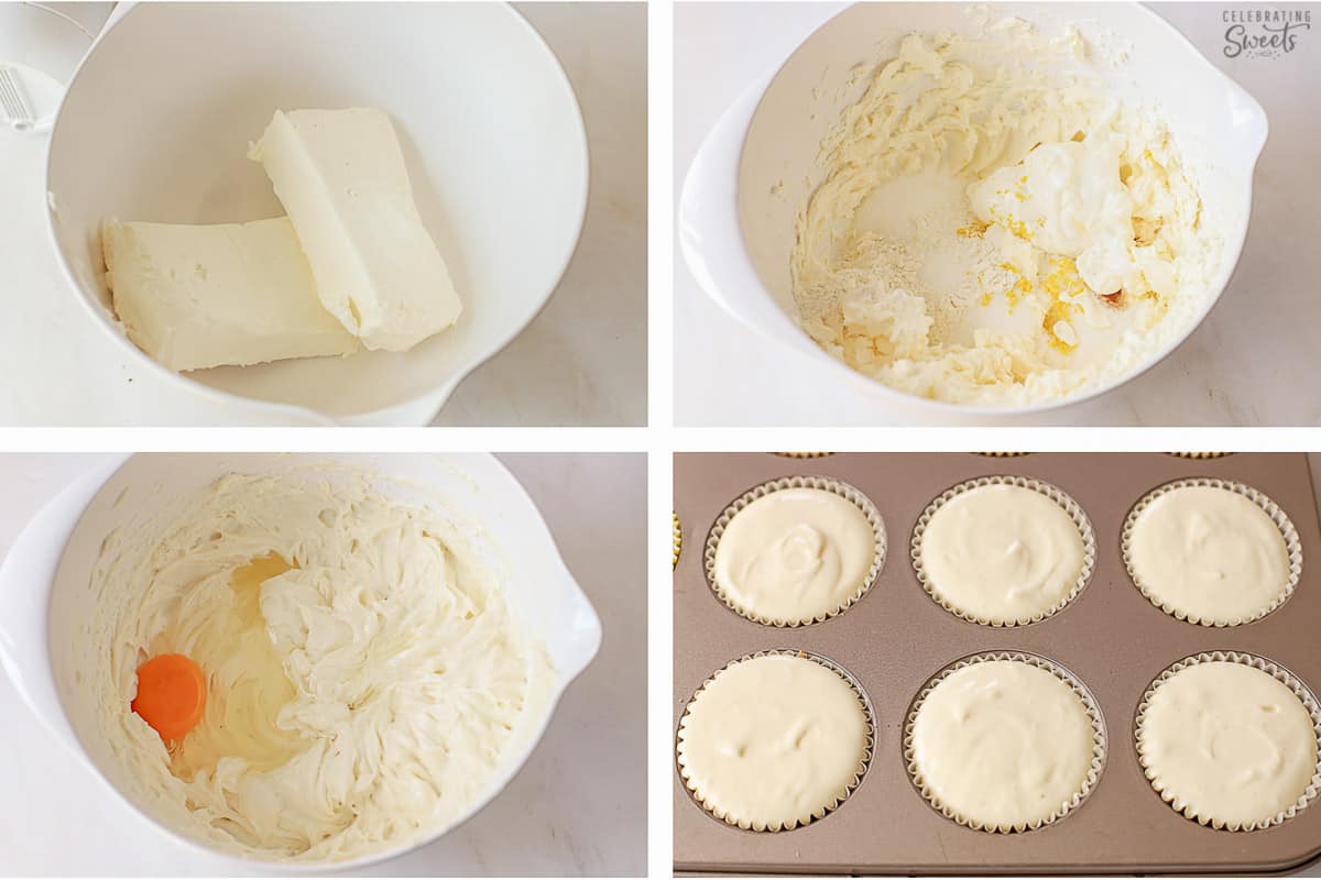 Collage of four photos showing how to make mini cheesecake (batter in a bowl and in a muffin pan).