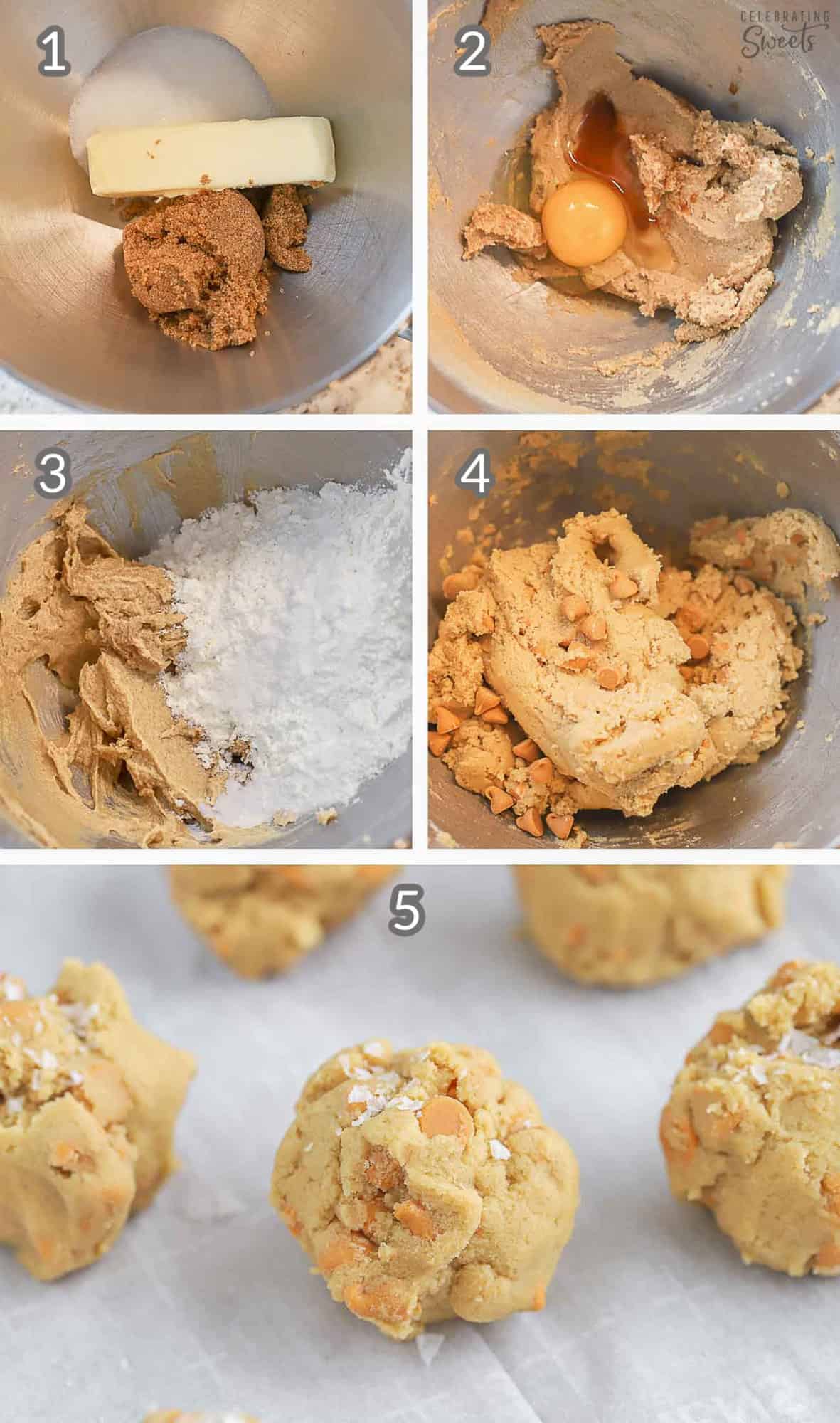 Collage of how to make butterscotch cookies (cookie dough in a stainless bowl and cookie dough balls on a parchment-lined baking sheet).