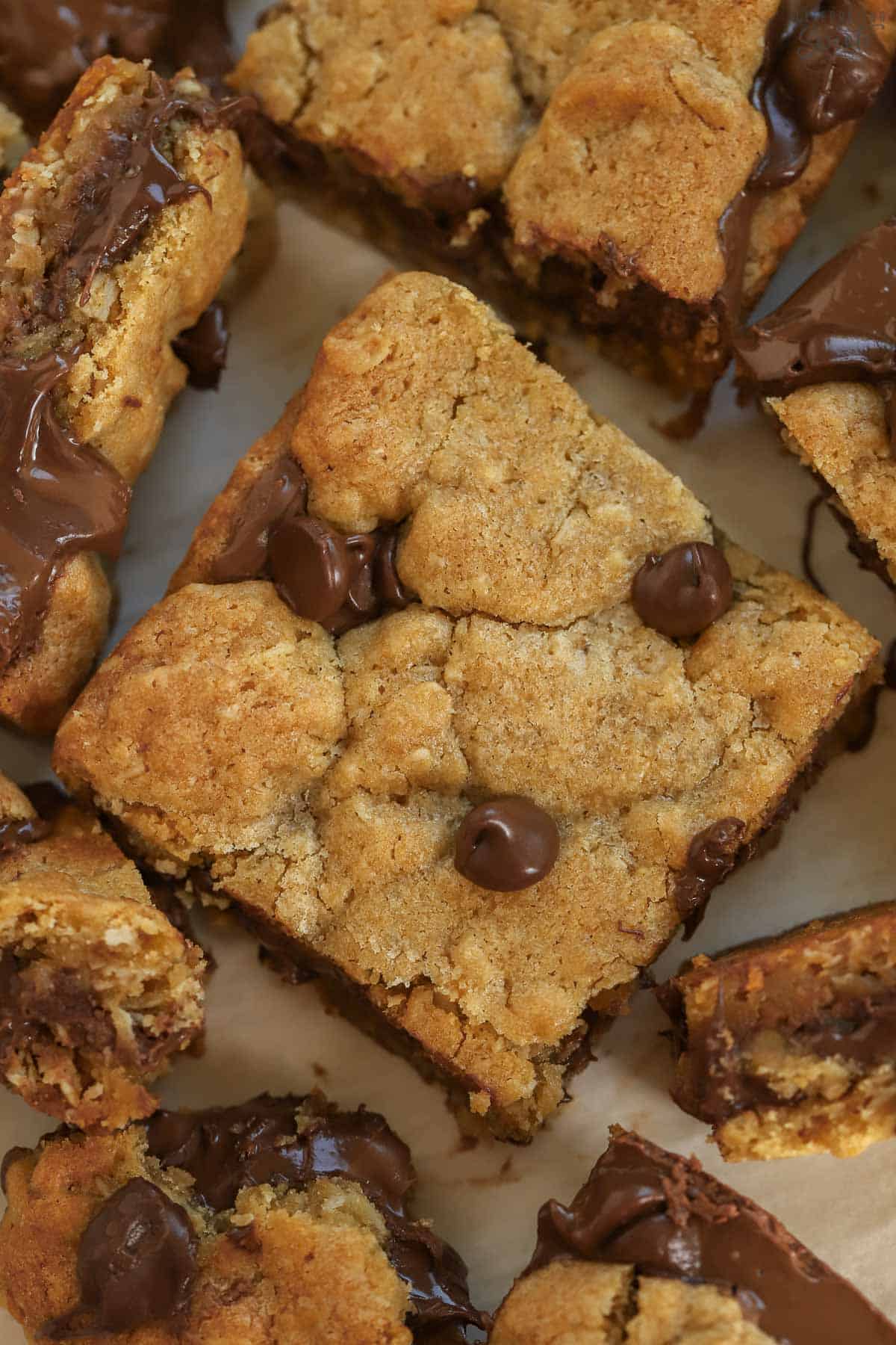 Overhead shot of nutella cookie bars on parchment paper.