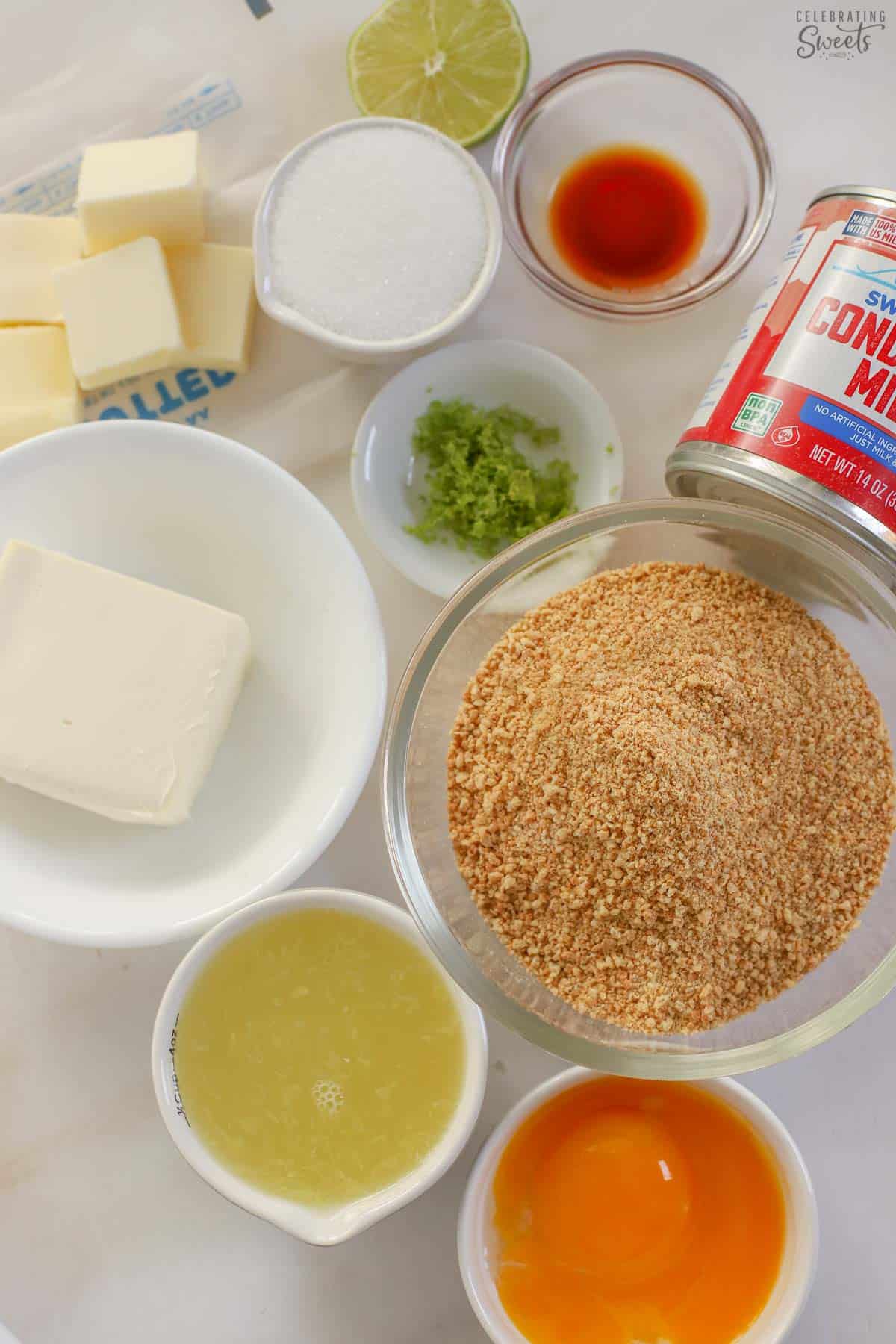 Ingredients for key lime pie bars: limes juice, sugar, cream cheese, eggs, graham cracker, butter, milk.