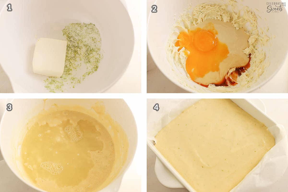Collage of how to make key lime pie bars (ingredients in a white bowl).