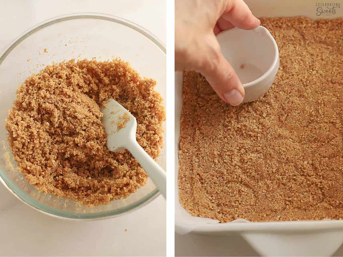 Graham cracker crust in a glass bowl and in a white baking dish.