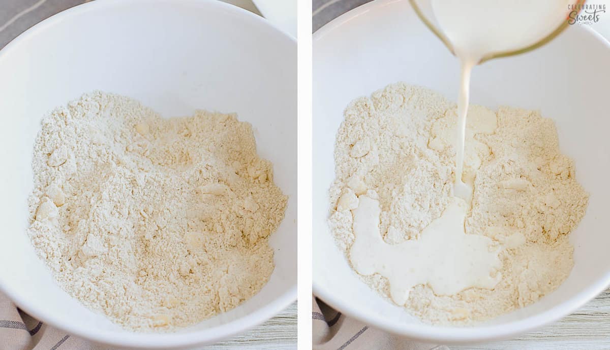 How to make strawberry shortcake biscuits (collage of biscuit dough in a large white bowl).