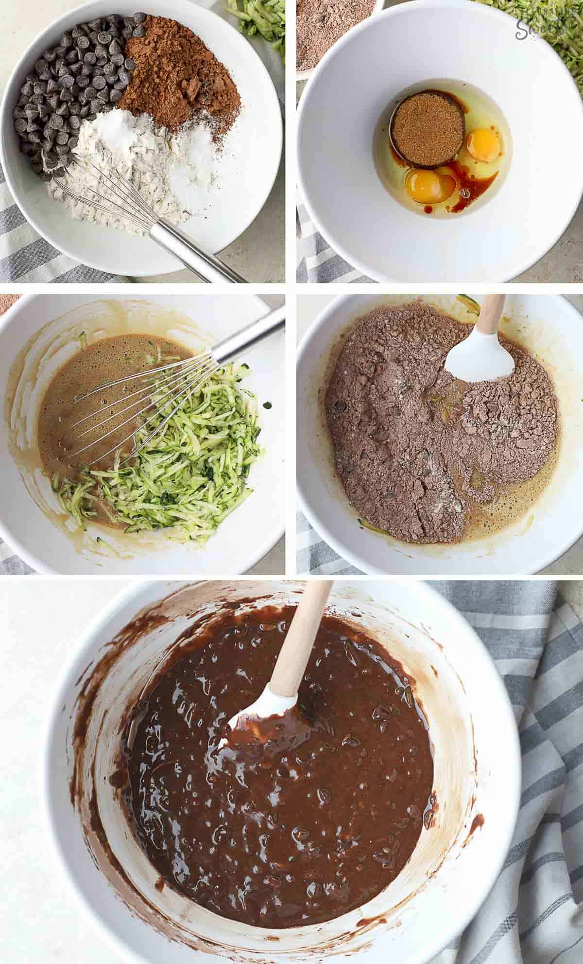 Collage of chocolate zucchini bread batter in a white bowl.