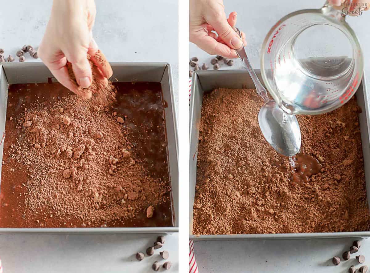 Collage showing step by step photos making chocolate pudding cake.