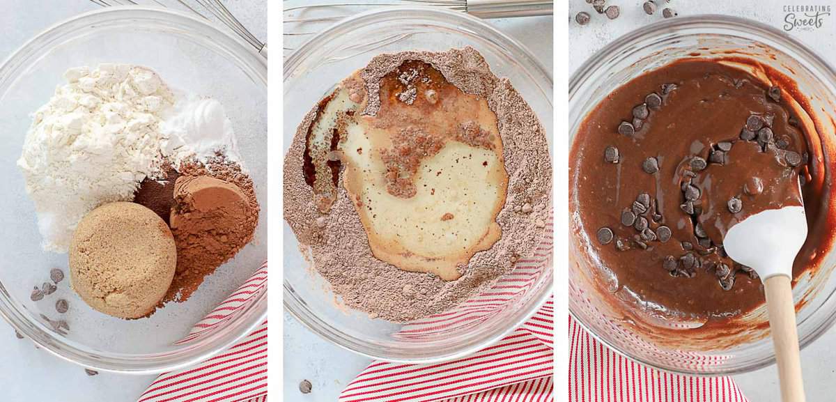 Collage showing step by step photos making chocolate pudding cake.