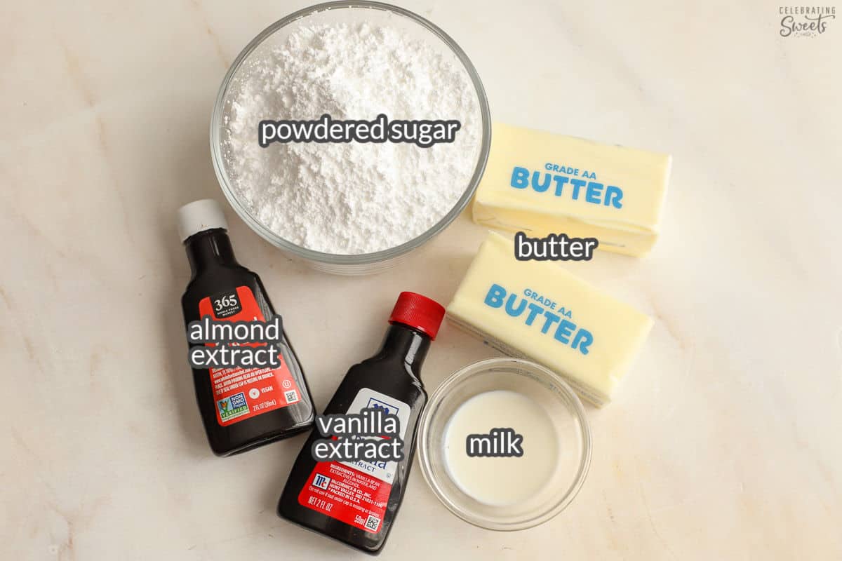 Ingredients for sugar cookie frosting: butter, powdered sugar, milk, extracts.