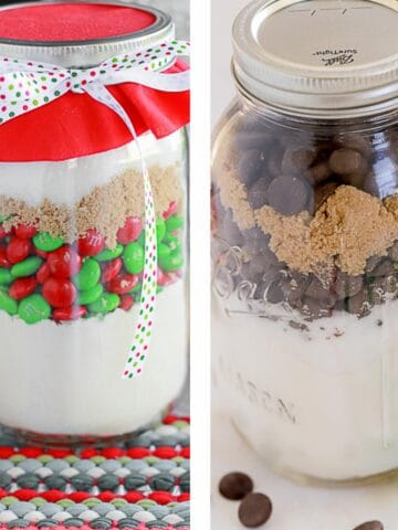 Two jars of cookie mix, one with holiday M&M's the other with chocolate chips.