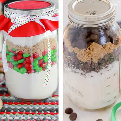 Two jars of cookie mix, one with holiday M&M's the other with chocolate chips.