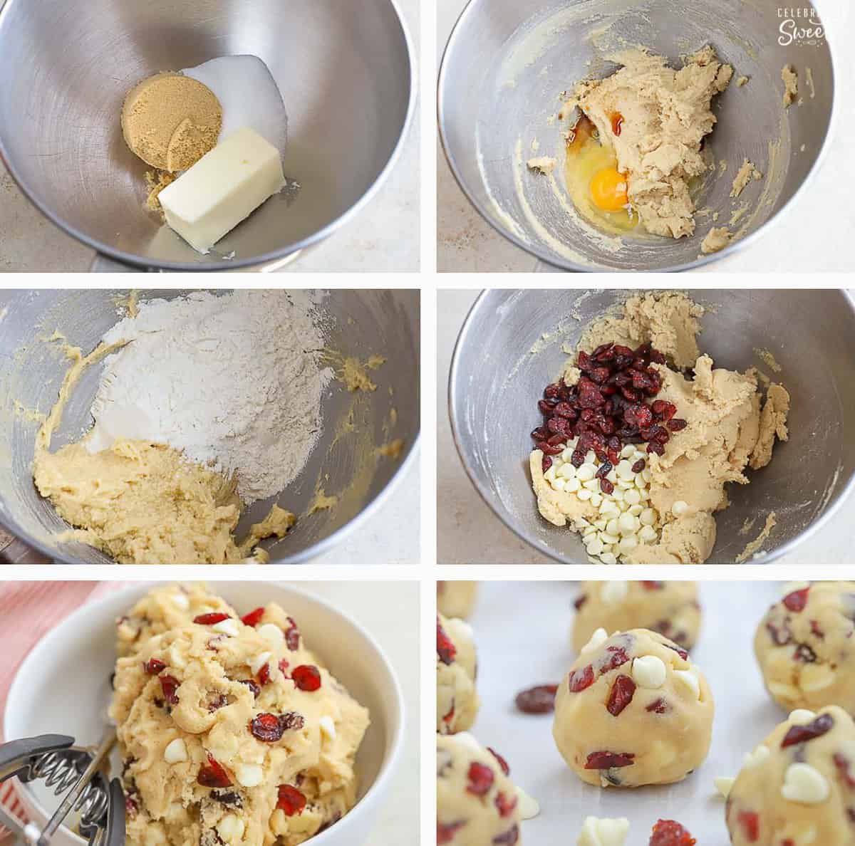 Collage of steps to make white chocolate cranberry cookies (dough in a bowl and scooped onto a baking sheet).