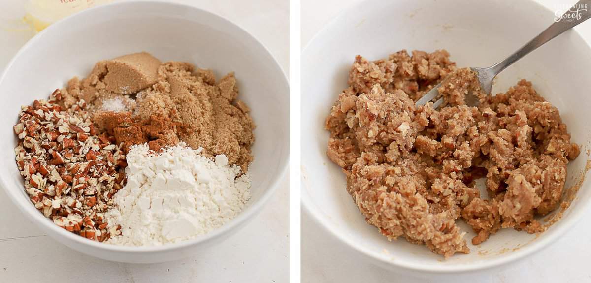 Two photos of brown sugar cinnamon crumb topping in a white bowl.