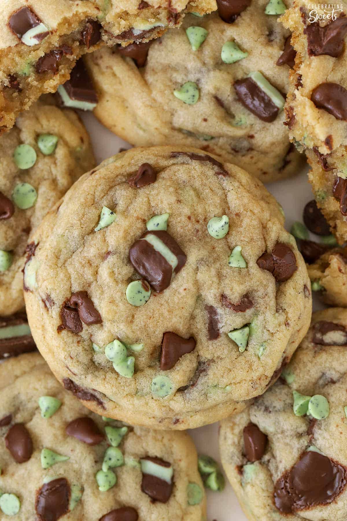Mint chocolate chip cookies on parchment paper.