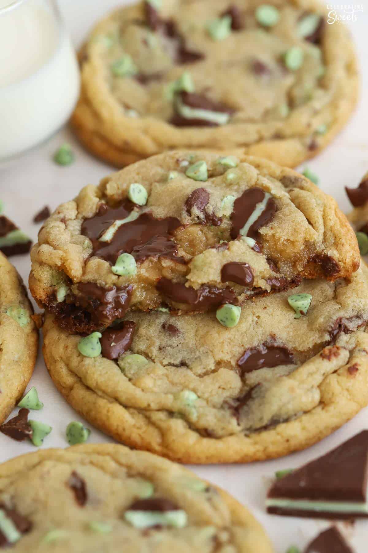Stack of mint chocolate chip cookies with melty chocolate,
