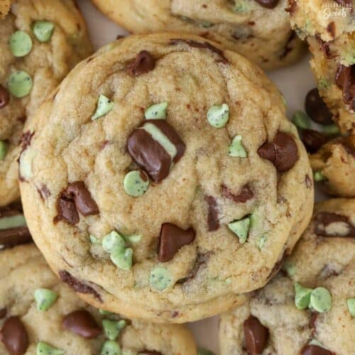 Closeup of a mint chocolate chip cookie.
