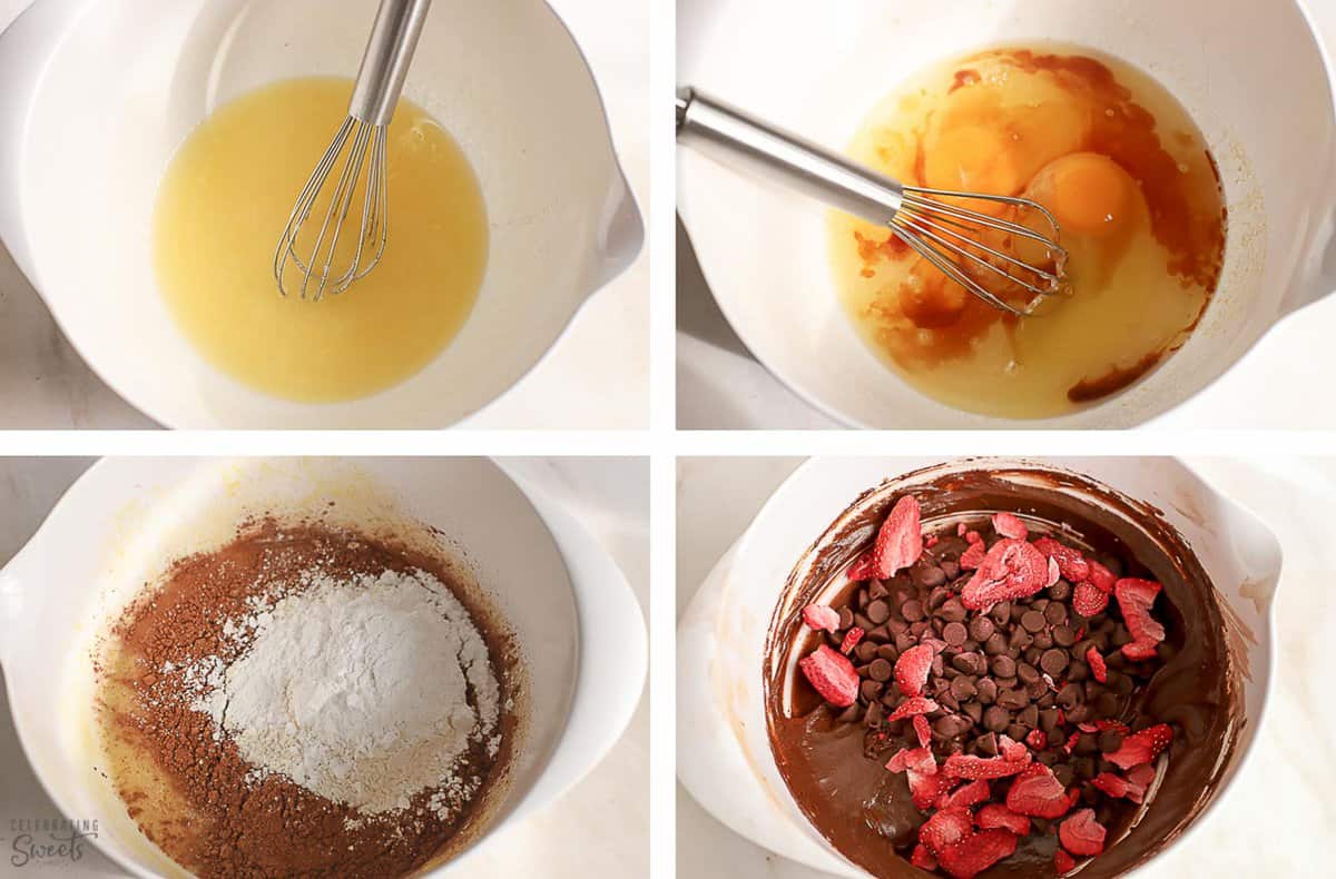 Collage of how to make strawberry brownies (batter in a white bowl with a whisk).