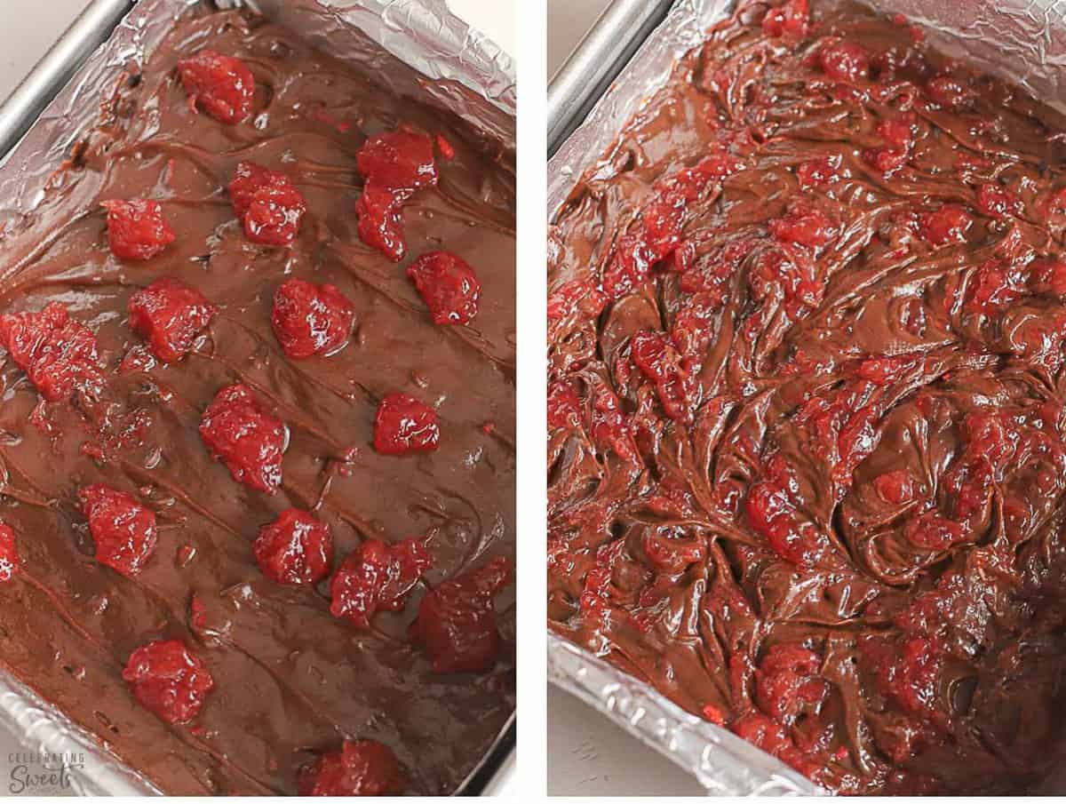 Strawberry jam swirled into brownie batter in a foil-lined pan.