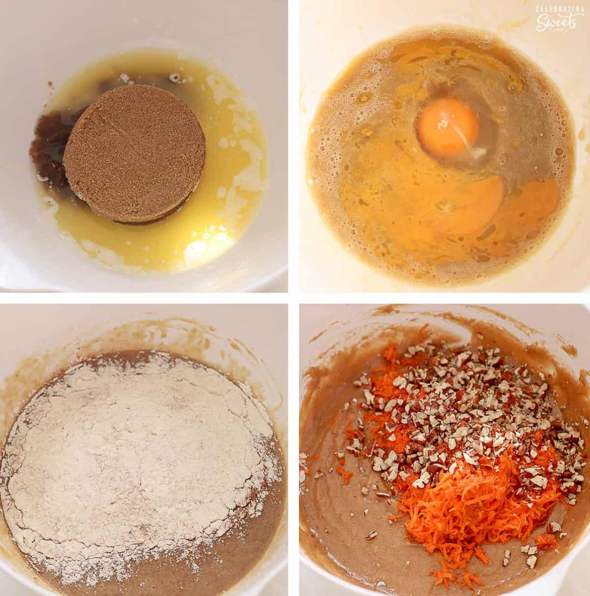 Collage of batter being made for carrot cake bars (batter in a large white bowl).