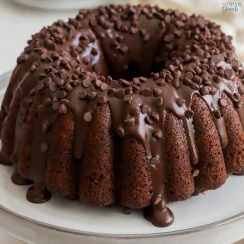 Chocolate bundt cake on a grey cake stand.