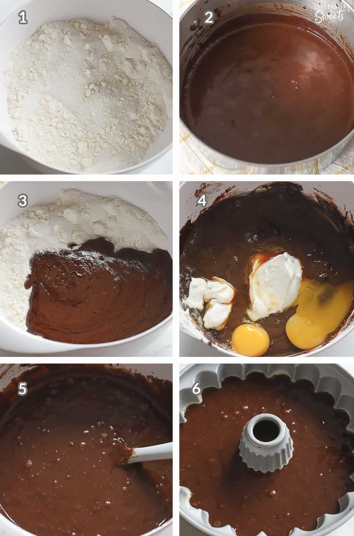 Six photo collage of how to make chocolate bundt cake: chocolate batter in a white bowl and in a bundt pan.