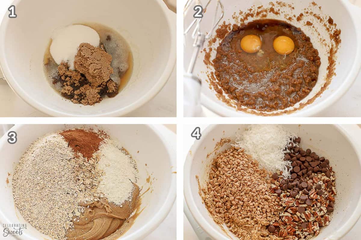 Step by step how to make cowboy cookies (collage of cookie dough in a white bowl).