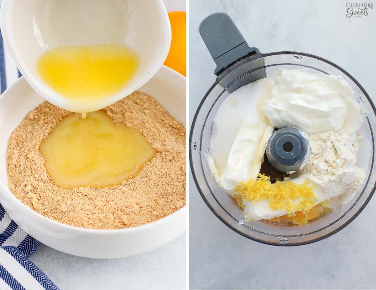 Collage of two photos: 1) melted butter being poured into a bowl of graham crackers crumbs 2) The filling ingredients for greek yogurt cheesecake in a food processor (yogurt, cream cheese, sugar, eggs, vanilla, lemon zest).