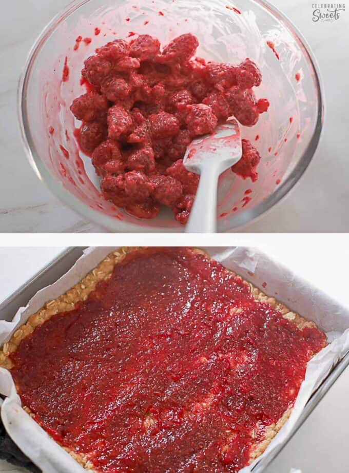 Bowl of raspberries tossed with cornstarch and raspberry jam spread on raspberry bars in a square pan.