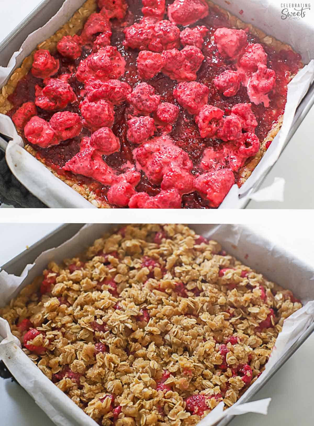 Collage of two photos showing unbaked raspberry bars (with and without crumb topping).