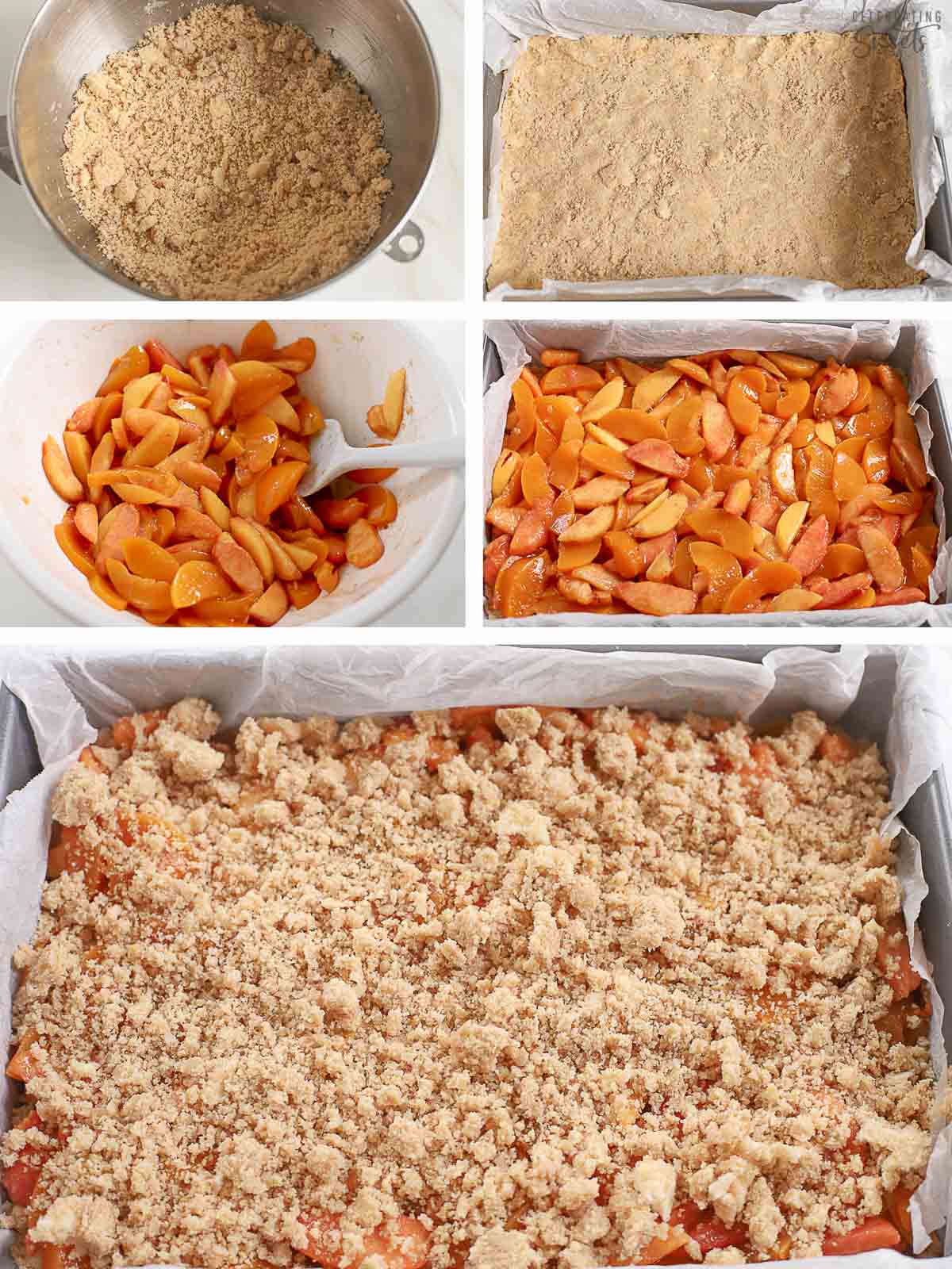 Step by step collage of how to make peach bars: crust and sliced peach filling in a rectangular baking pan.