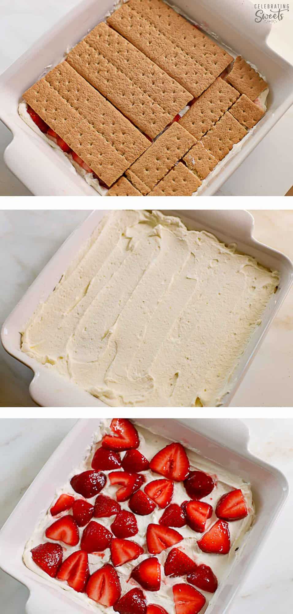 Collage showing how to make a strawberry icebox cake: graham crackers in a baking dish layered with whipped cream and sliced strawberries.