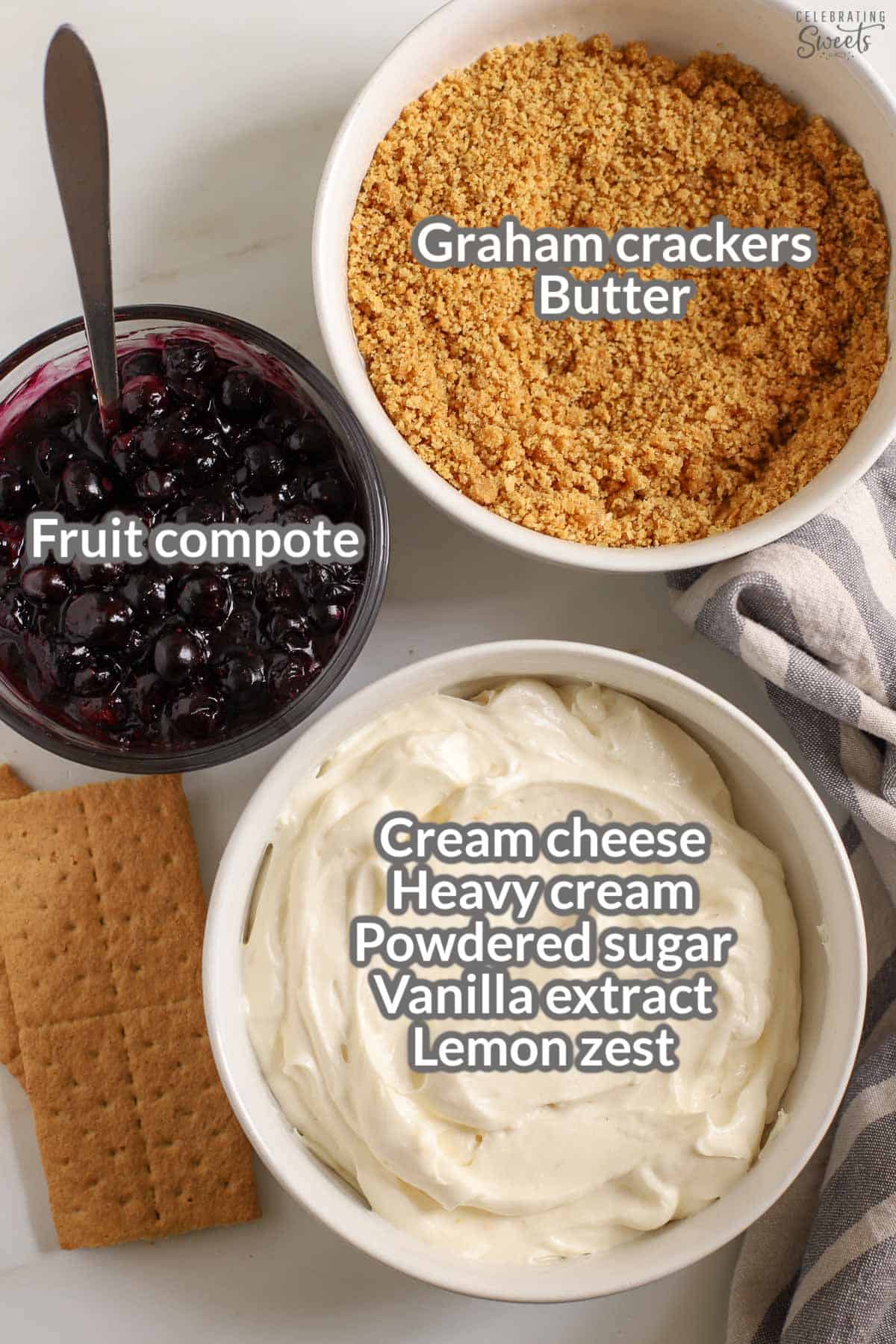 Ingredients for cheesecake parfaits (bowl of blueberry sauce, bowl of cheesecake filling, and a bowl of graham cracker crumbs).