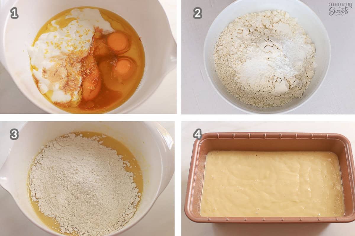 Step by step collage showing how to make yogurt cake (cake batter in a white bowl and in a loaf pan).