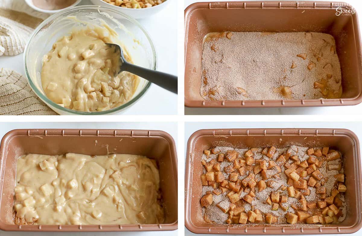 Collage of four photos showing how to make apple fritter bread (batter in a glass bowl and in a metal loaf pan).